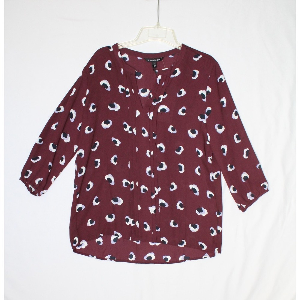 41 Hawthorn Burgundy Maroon Lightweight Business Top Blouse Floral V-neck Medium
